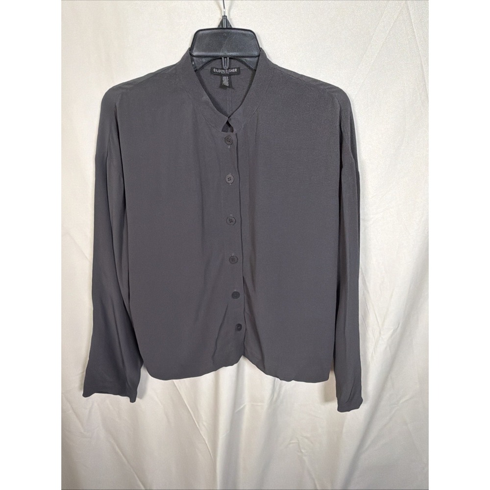 Eileen Fisher Petite Gray Long Sleeve Button‎ Front Blouse PS